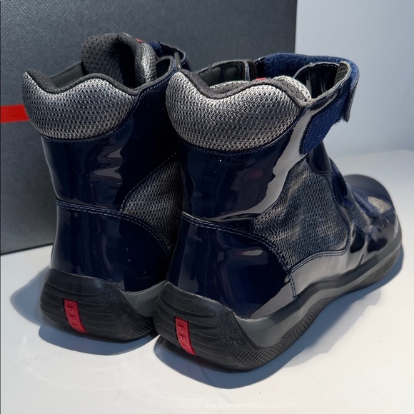 Prada Dark Blue High-Top Patent leather Sneakers with Red Detail - Picture 3 of 12